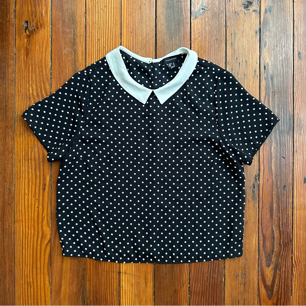 Atmosphere short sleeve navy & white polka dot blouse w collar 4